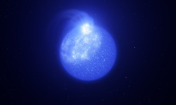 Ilustrace trpasličí hvězdy spektrálního typu B, na jejímž povrchu je přítomno zjasnění. V případě hvězdy HD36030 mohou být podobná překotná zjasnění – erupce – vyvolávána změnami v systémové magnetosféře sdílené se složkou pozdního spektrálního typu s malou hmotností, která je v soustavě podle zjištění Olgy Maryevy přítomna. (c) ESO/L. Calçada, INAF-Padua/S. Zaggia