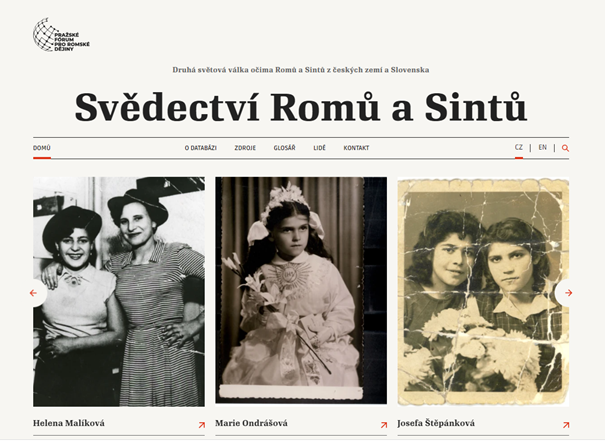 Titulní strana online databáze, přístupná je na adrese www.svedectviromu.cz a  www.romatestimonies.com