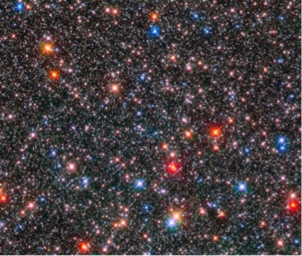 Stars in the centre of the Milky Way on an image taken by the Hubble Space Telescope. A region located 26 000 light years (8.1 kpc) captured by a wide-angle camera in an exposition sequence close to an infrared and visible light spectrum. Different colours of the stars correspond to different temperatures on a star’s surface. A more details spectrum provides information about the chemical composition and the evolution of the stars. The shown 1.8 x 1.8 arcminute field corresponds to a distance of about 13 light years across the image (image: NASA/ESA/STScI). 