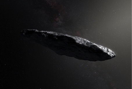 Umělecká představa vzhledu interstelárního tělesa 1I/‘Oumuamua. Ve skutečnosti je možný buď protažený („doutníkovitý“) nebo zploštělý („placatý“) tvar.