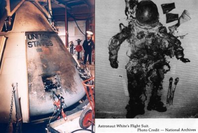 Kabina Apolla 1 a oblek Eda Whitea po požáru. Autor: NASA.