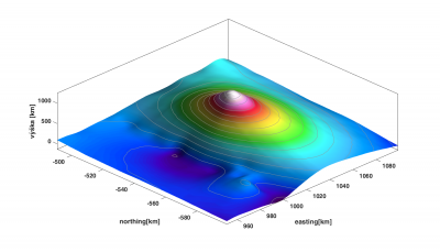 Trojdimenzionální model sopky Dana. Kužel se vypíná do výšky kolem jednoho kilometru nad úroveň moře. Zdroj: AsÚ AV ČR.