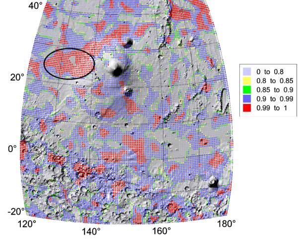 Část paleo-oceánu západně od sopky Elysium. Červeně označeny jsou plochy s nejvyšší mírou učesanosti úhlů napětí. Zde se shodují s lahary (porézním sopečným materiálem, elipsa) na západ od sopky. Topografie z MOLA je ve formě 3D. Obrázek také ilustruje jinou (vyšší) míru učesanosti úhlů napětí v nížině na severu a na vysočině na jihu. (c) J. Kostelecký