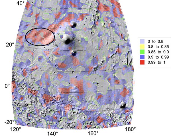 Obr. 2. Část paleo-oceánu západně od sopky Elysium. Červeně označeny jsou plochy s nejvyšší mírou učesanosti strike angles (úhlů napětí). V této ukázce se dobře překrývají s lahary (porézním sopečným materiálem, elipsa) na západ od sopky. Topografie z družicového výškoměru MGS MOLA je ve formě 3D. Obrázek také ilustruje jinou (vyšší) míru učesanosti strike angles v nížině na severu a na vysočině na jihu.