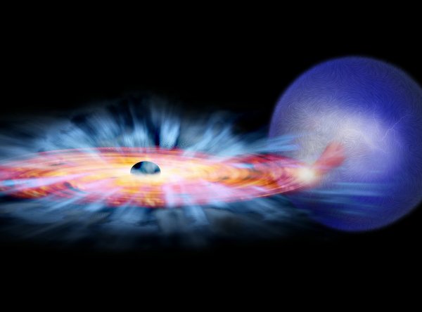 Představa systému GRO J1655-40 v ilustraci malíře. Hvězda (modře) dodává hmotu do akrečního disku obklopujícího černou díru. Akreční disk je zdrojem elektromagnetického záření. © NASA/M. Weiss. 