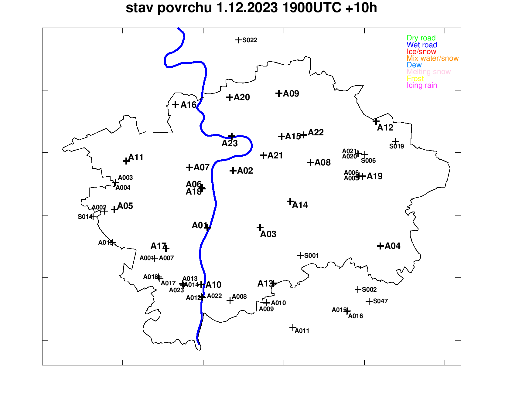 Předpověď stavu povrchu pražských silnic +10h