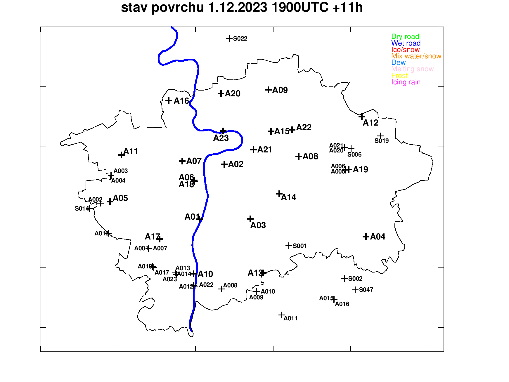 Předpověď stavu povrchu pražských silnic +11h