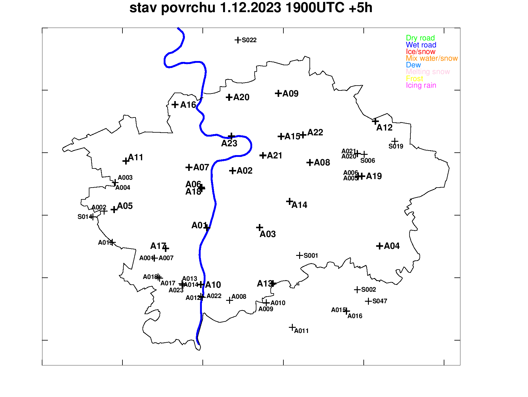 Předpověď stavu povrchu pražských silnic +5h
