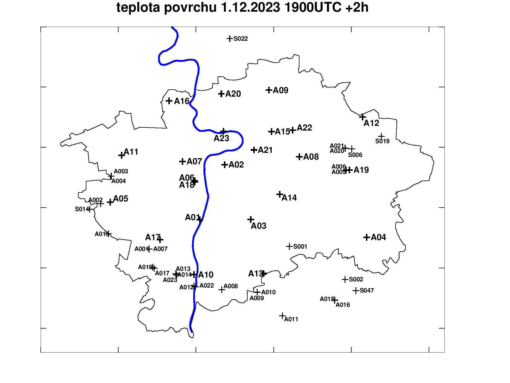 Předpověď teploty povrchu pražských silnic +2h