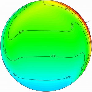 Teplota (K) v pomalu rotujícím meteoroidu o velikosti 1cm vzdáleném 0,14 AU od Slunce