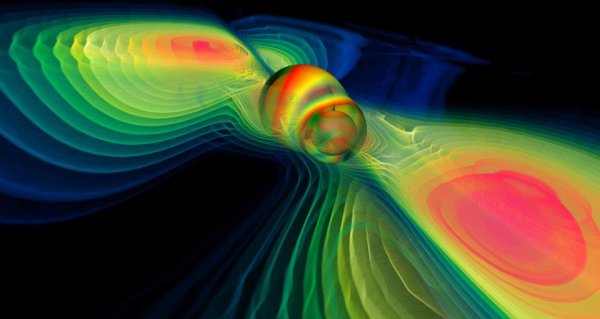 Kolidující černé díry jsou silným zdrojem gravitačních vln. Pokud se stejné černé díry kolem sebe prosmýknou v hyperbolickém průletu, budou také zdrojem gravitačních vln, jen mnohem slabších. © Werner Benger. 