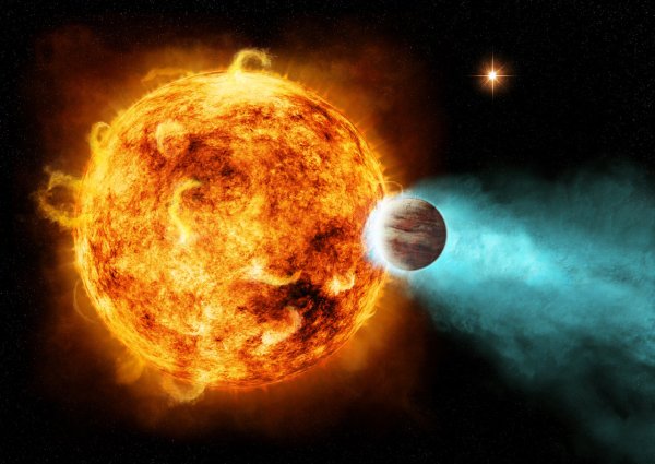 Horký jupiter ztrácející svoji atmosféru působením ultrafialového záření mateřské hvězdy: umělecké ztvárnění.  © NASA/Ames/JPL-Caltech