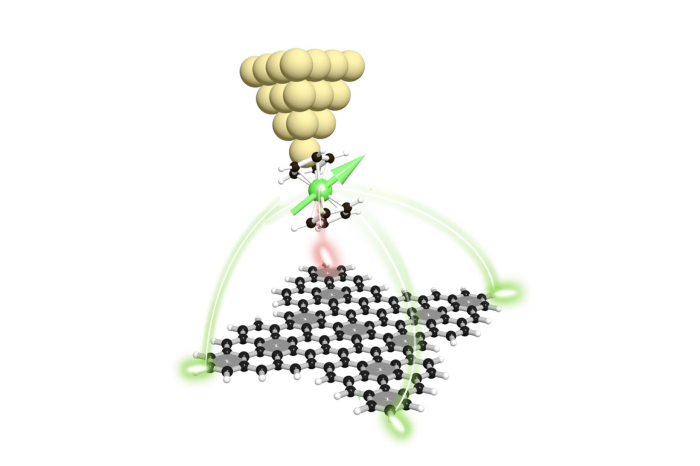 This schematic image demonstrates the magnetic interaction between the four unpaired electrons located at the corners of the nanographene 'butterfly' and the functionalized tip of the scanning electron microscope with the nickelocene molecule. This interaction allowed for the demonstration of nanographene magnetism.