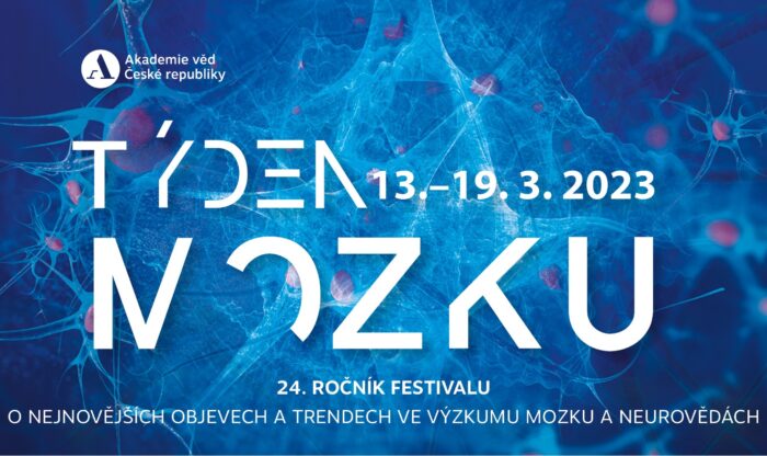 Oficiální banner festivalu Týden mozku, 24. ročník festivalu, 13. až 19. 3. 2023. Motto: O nejnovějších objevech a trendech ve výzkumu možku a neurovědách.