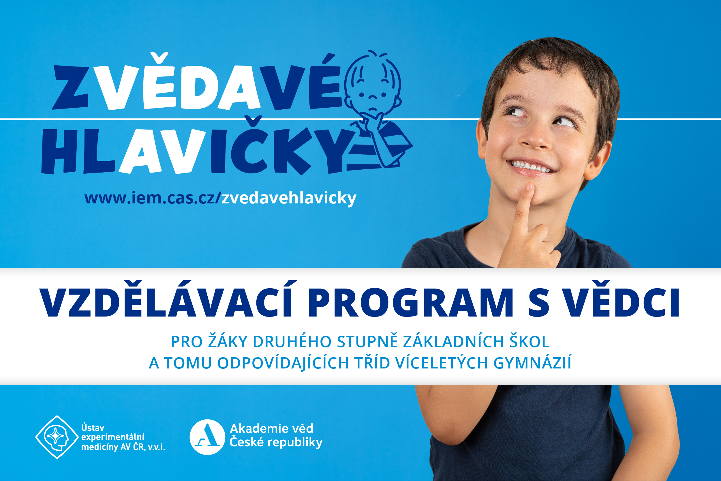 Grafický banner projektu Zvědavé hlavičky - vzdělávací program s vědci pro žáky základních škol a tomu odpovídajících tříd víceletých gymnázií.