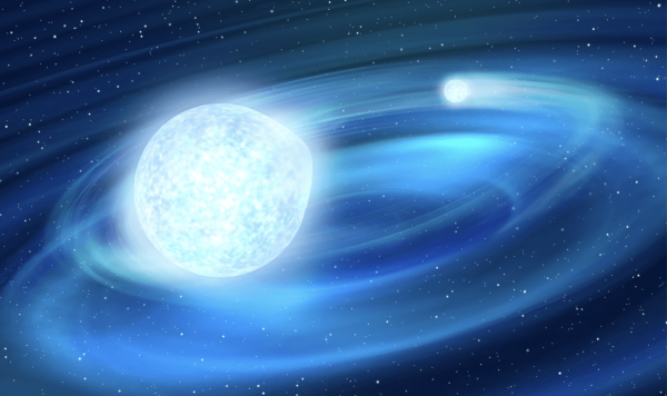 Kresba geometrie systému TMTS J0526 na základě analýzy provedené v představovaném článku. Horký modrý podtrpaslík a uhlíko-kyslíkový bílý trpaslík tvoří gravitačně vázaný pár. Tvar podtrpaslíka je silně deformován slapovými silami od průvodce. Systém kolem sebe oběhne jednou za 20,5 minuty. (c) Jingchuan Yu, Beijing Planetarium.