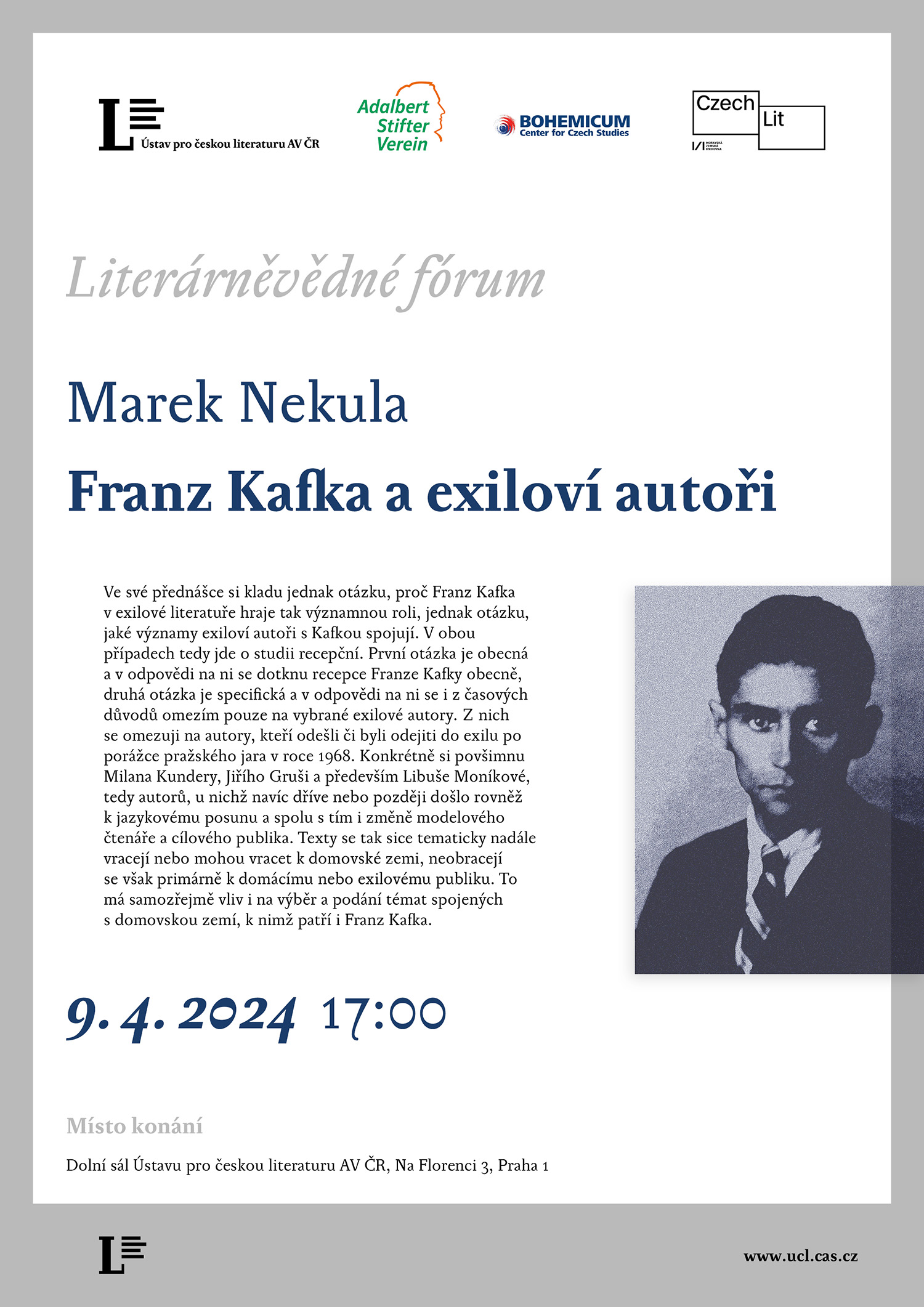 pozvánka na přednášku Marka Nekuly Franz Kafka a exiloví autoři