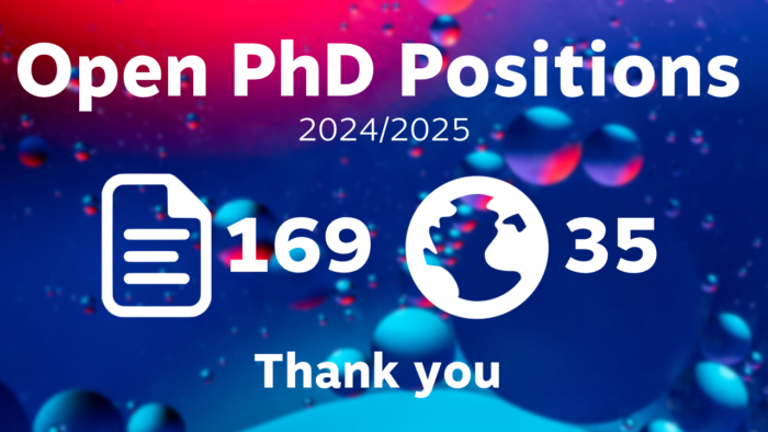 Graphic banner of the PhD recruitment for 2024/2025 (169 applications from 35 countries). Thank you to all applicants.