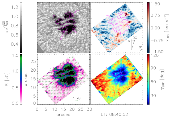 Momentka z vývoje skvrny v oblasti NOAA 11024, zachycená 9. července 2009 8.40:52 světového času. Vlevo nahoře je snímek v pásmu G v optické oblasti spektra, vpravo nahoře pak rychlost plazmatu směrem k pozorovateli. V dolní řadě je pak zobrazena celková magnetická indukce (vlevo) a sklon pole (vpravo). Fialovou linií je naznačena hranice umbry a současně jsou vlevo nahoře zvýrazněny obdélníky tři oblasti, které byly studovány detailně a v nichž byly hledány charakteristické změny před vznikem penumbry. 