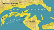 Paleogeografická mapa Evropy v mladším eocénu (35–40 milionů let). Upraveno podle: F. Rögl (1998),  graficky zpracoval Jan Dungel